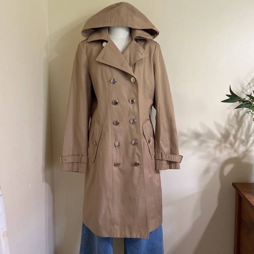 Calvin Klein Womens Tan Double Breasted Trench Coat with Detachable Hood Medium